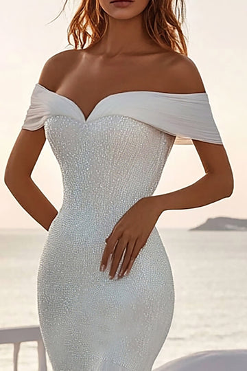 Ivory Off The Shoulder Mermaid Chiffon Sweep Train Boho Wedding Dress With Sequins